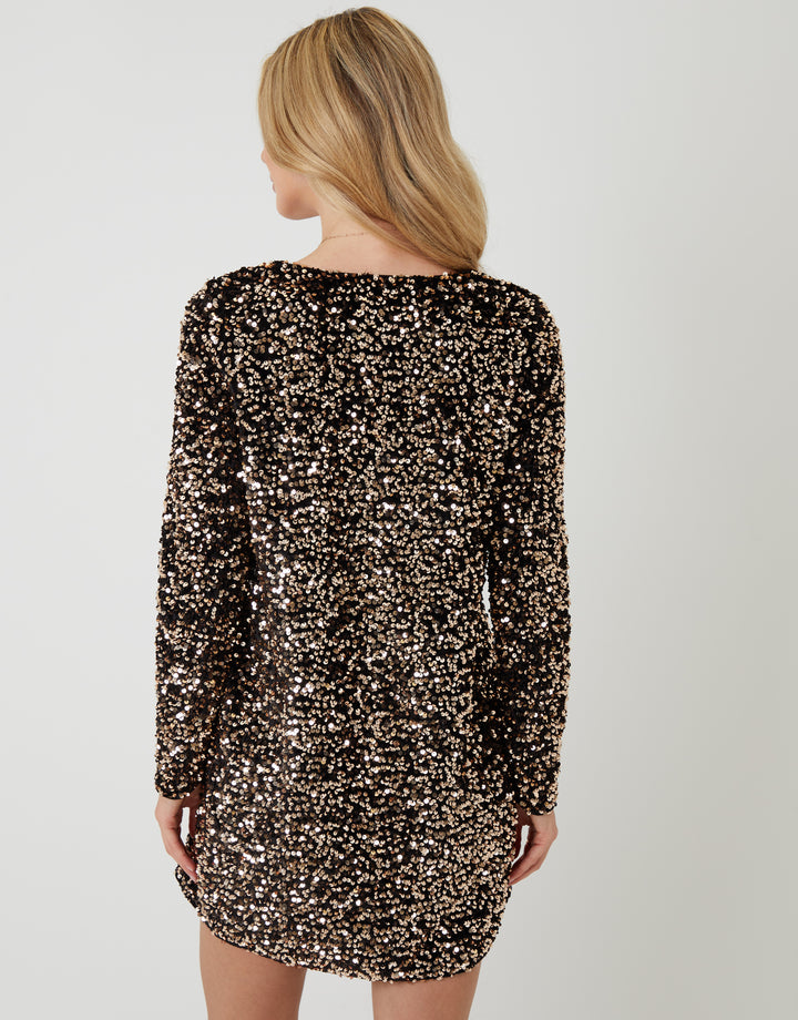 Bronze Sequin Velour V Neck Mini Dress