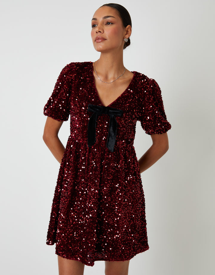 Berry Red Sequin Velour Bow Detail Mini Dress