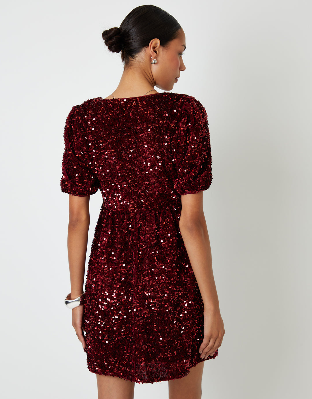 Berry Red Sequin Velour Bow Detail Mini Dress