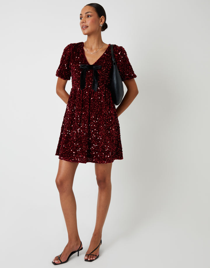 Berry Red Sequin Velour Bow Detail Mini Dress