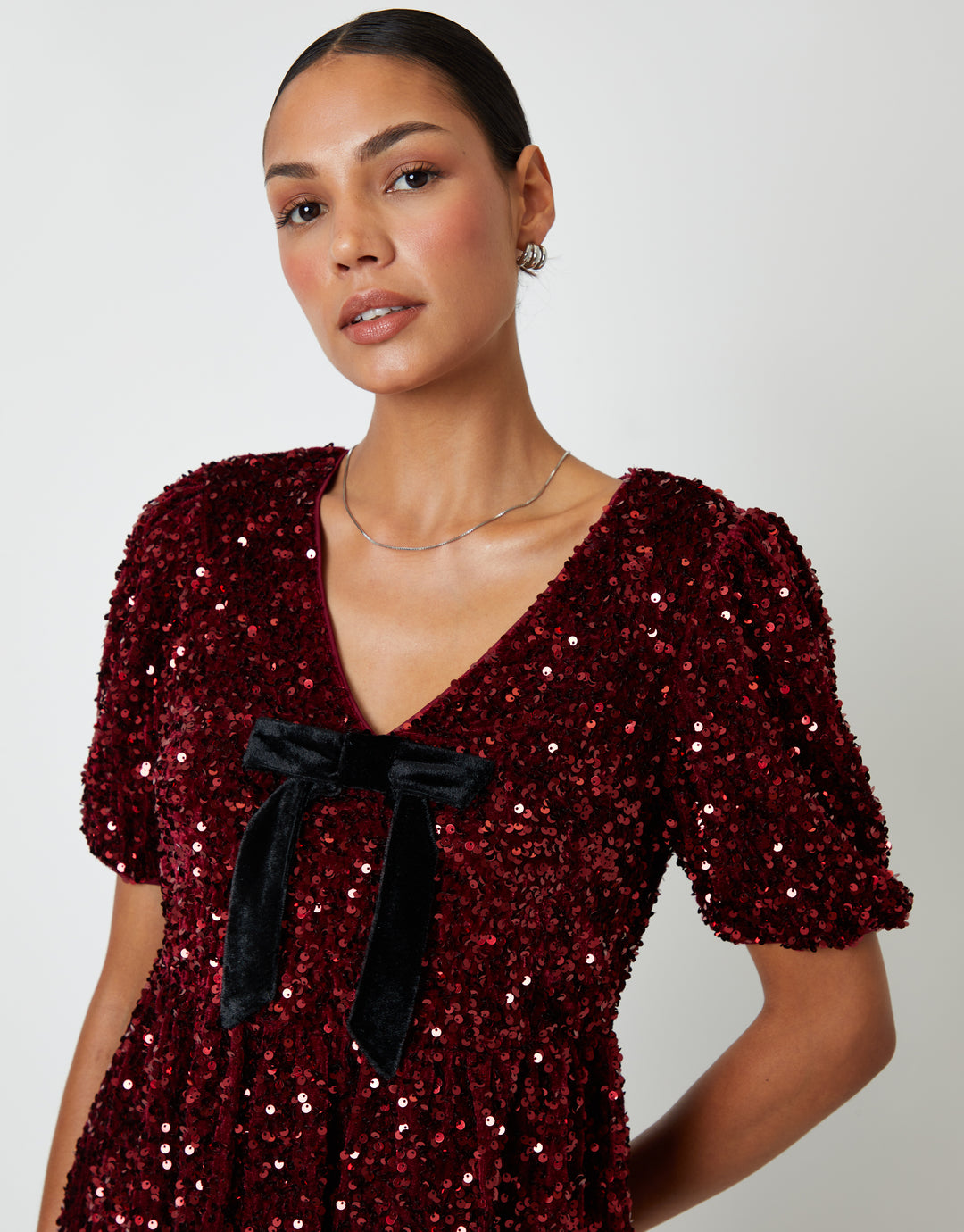 Berry Red Sequin Velour Bow Detail Mini Dress