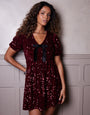 Berry Red Sequin Velour Bow Detail Mini Dress