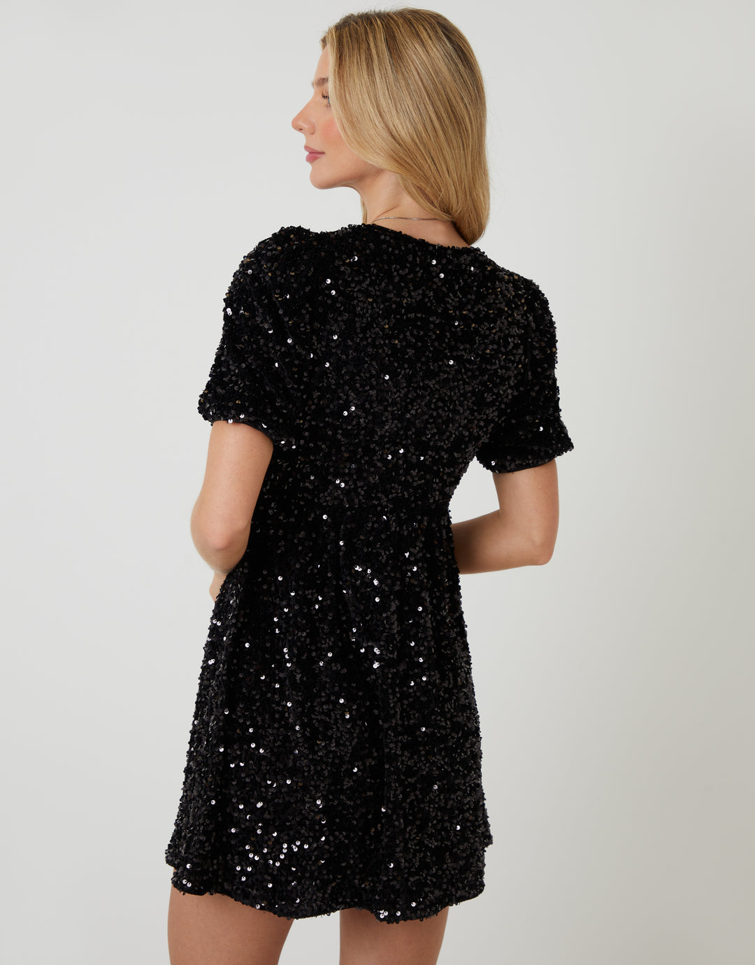 Black Sequin Velour Bow Detail Mini Dress