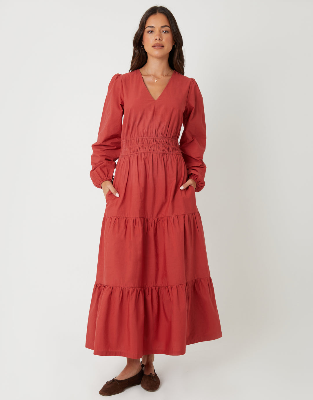 Rust Orange Shirred Waist Long Sleeve Poplin Midaxi Dress