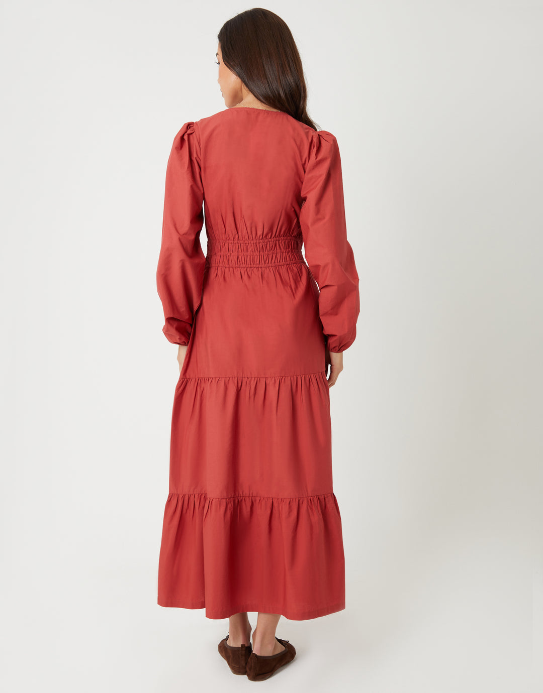 Rust Orange Shirred Waist Long Sleeve Poplin Midaxi Dress