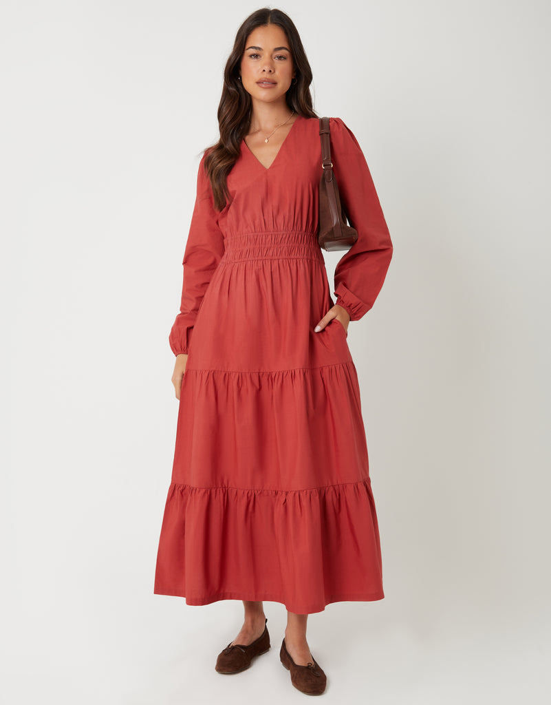 rust textured ruched long sleeve midaxi dress Threadbare Women's Rust Orange Shirred Waist Long Sleeve Poplin Midaxi Dress
