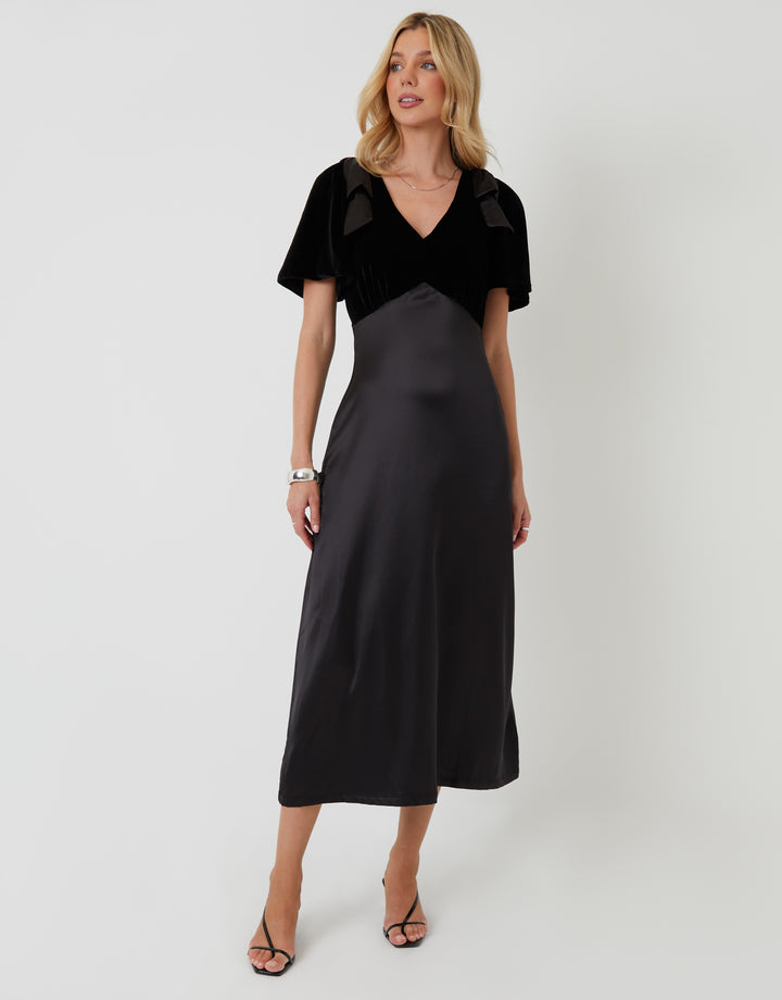 Black Velvet Satin Mix Flutter Sleeve Midi Dress