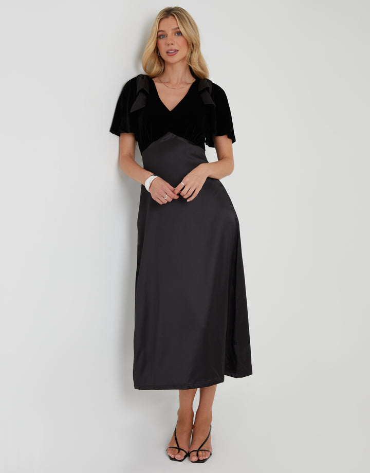 Black Velvet Satin Mix Flutter Sleeve Midi Dress
