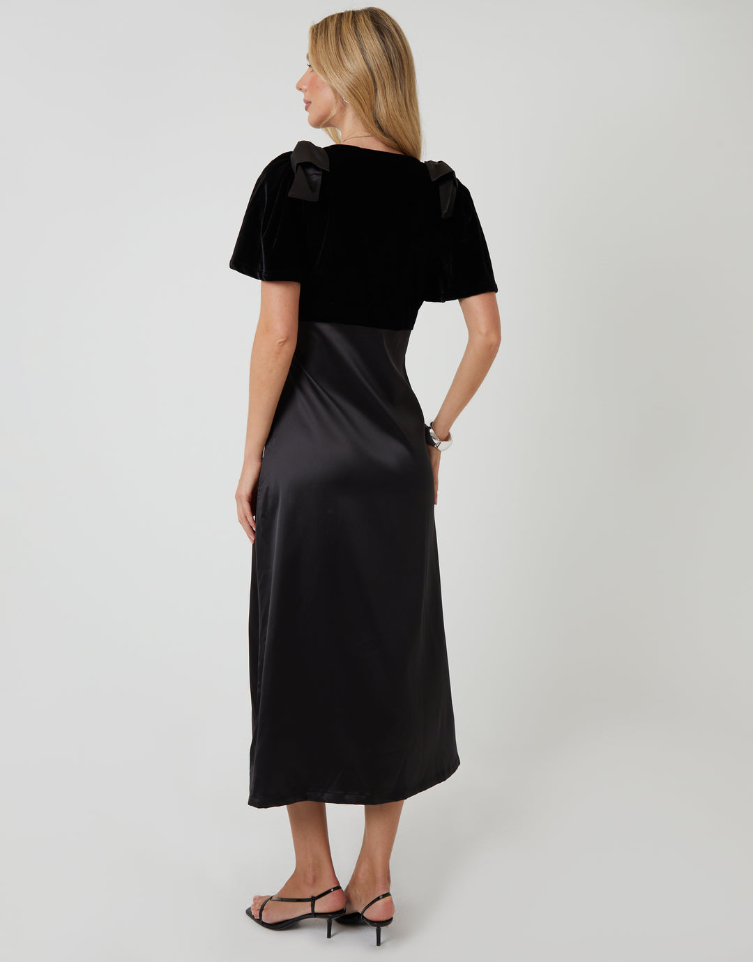 Black Velvet Satin Mix Flutter Sleeve Midi Dress