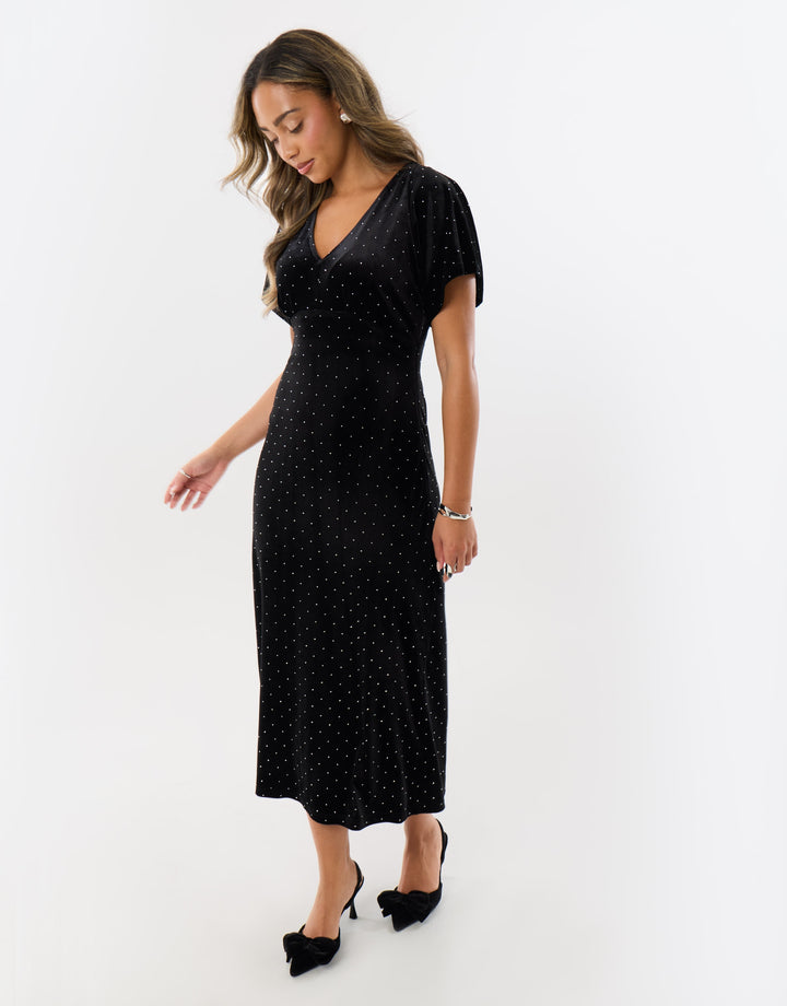 Velvet Hotfix Underbust Midaxi Dress in Black