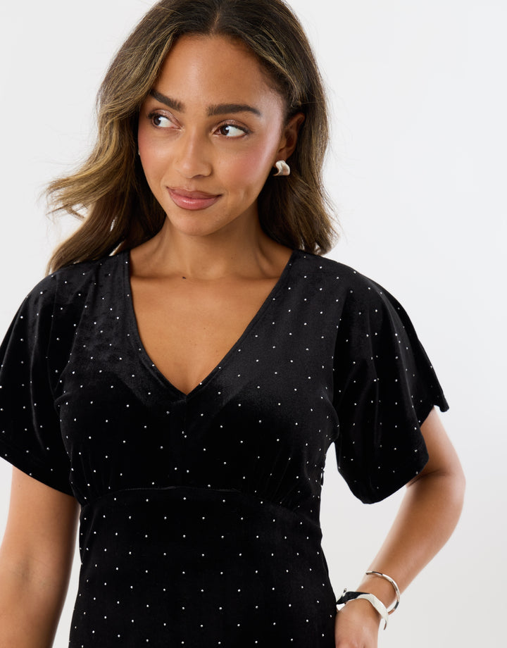 Velvet Hotfix Underbust Midaxi Dress in Black