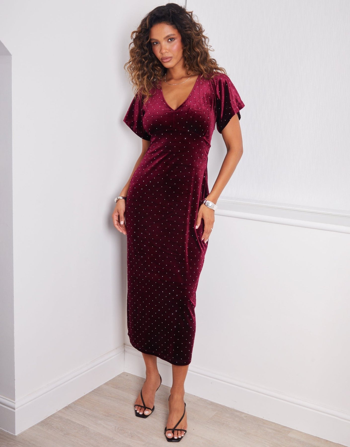 Threadbare Women's Velvet Hotfix Midaxi Dress in Burgundy