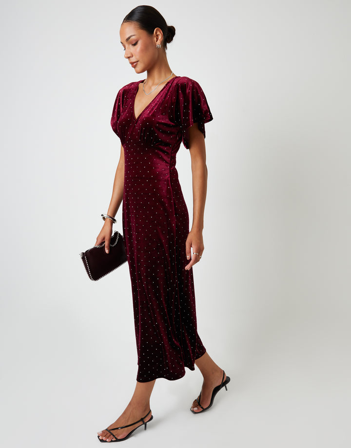 Burgundy Velvet Hotfix Underbust Midaxi Dress