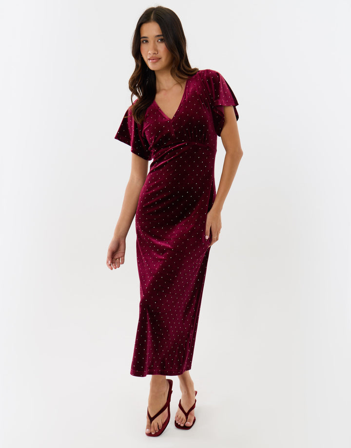 Velvet Hotfix Underbust Midaxi Dress in Burgundy