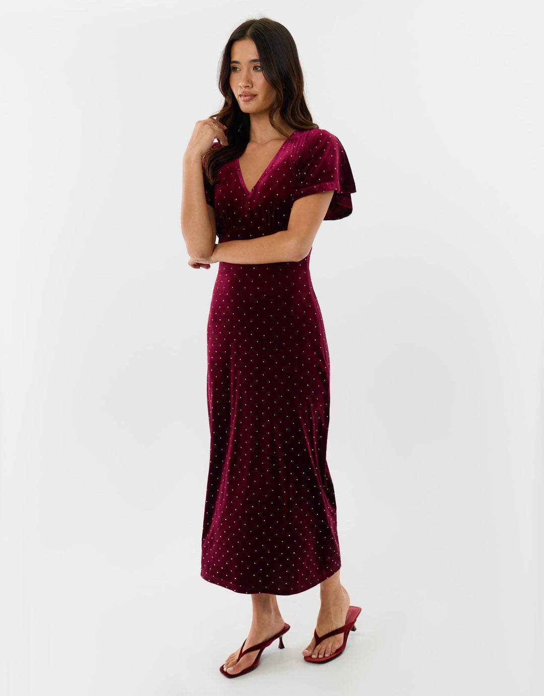 Velvet Hotfix Underbust Midaxi Dress in Burgundy