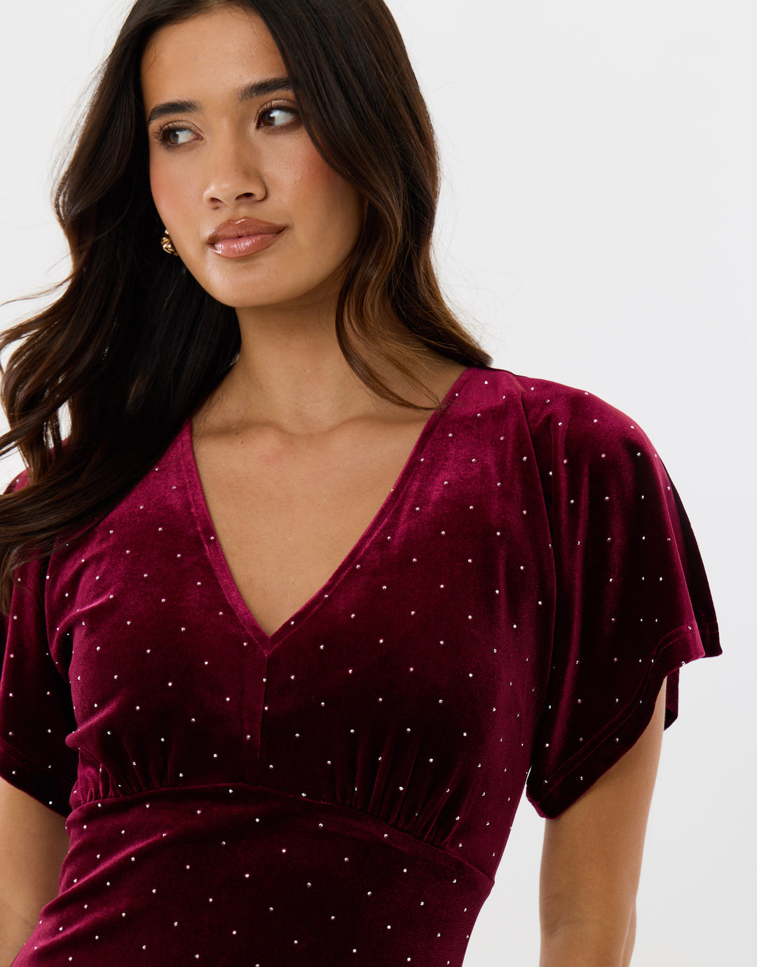 Velvet Hotfix Underbust Midaxi Dress in Burgundy
