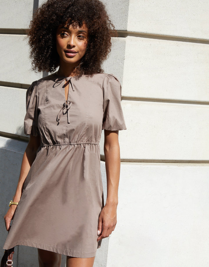 Taupe Puff Sleeve Tie Front Smock Mini Dress