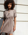 Taupe Puff Sleeve Tie Front Smock Mini Dress