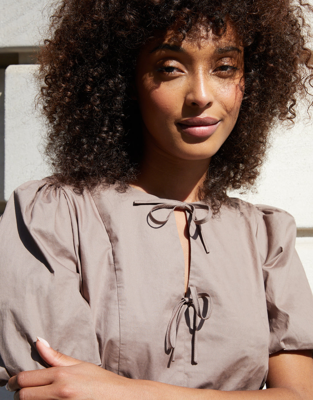 Taupe Puff Sleeve Tie Front Smock Mini Dress