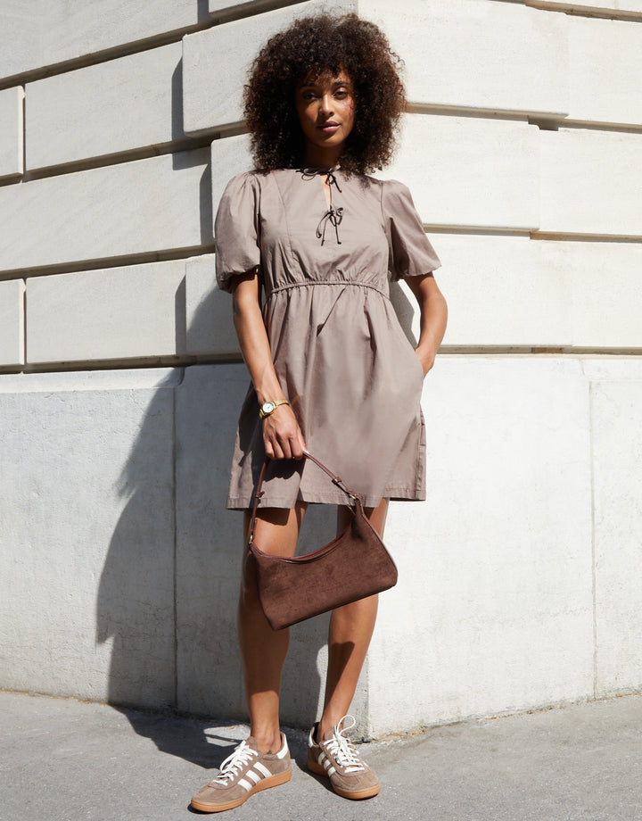 Taupe Puff Sleeve Tie Front Smock Mini Dress