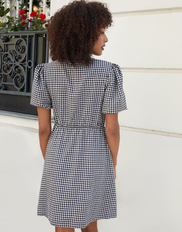 Gingham Puff Sleeve Tie Front Smock Mini Dress