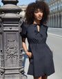 Black Puff Sleeve Tie Front Smock Mini Dress
