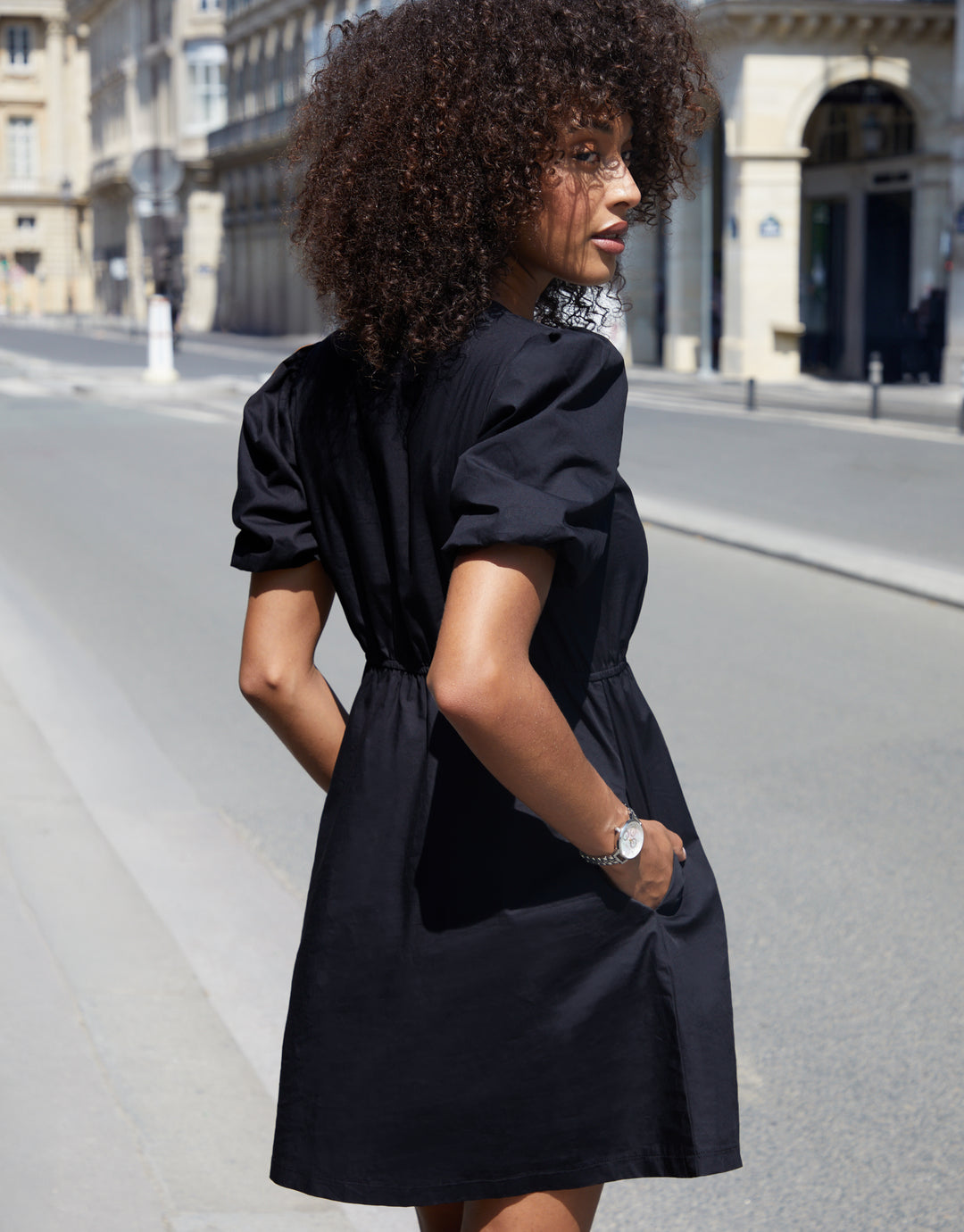 Black Puff Sleeve Tie Front Smock Mini Dress