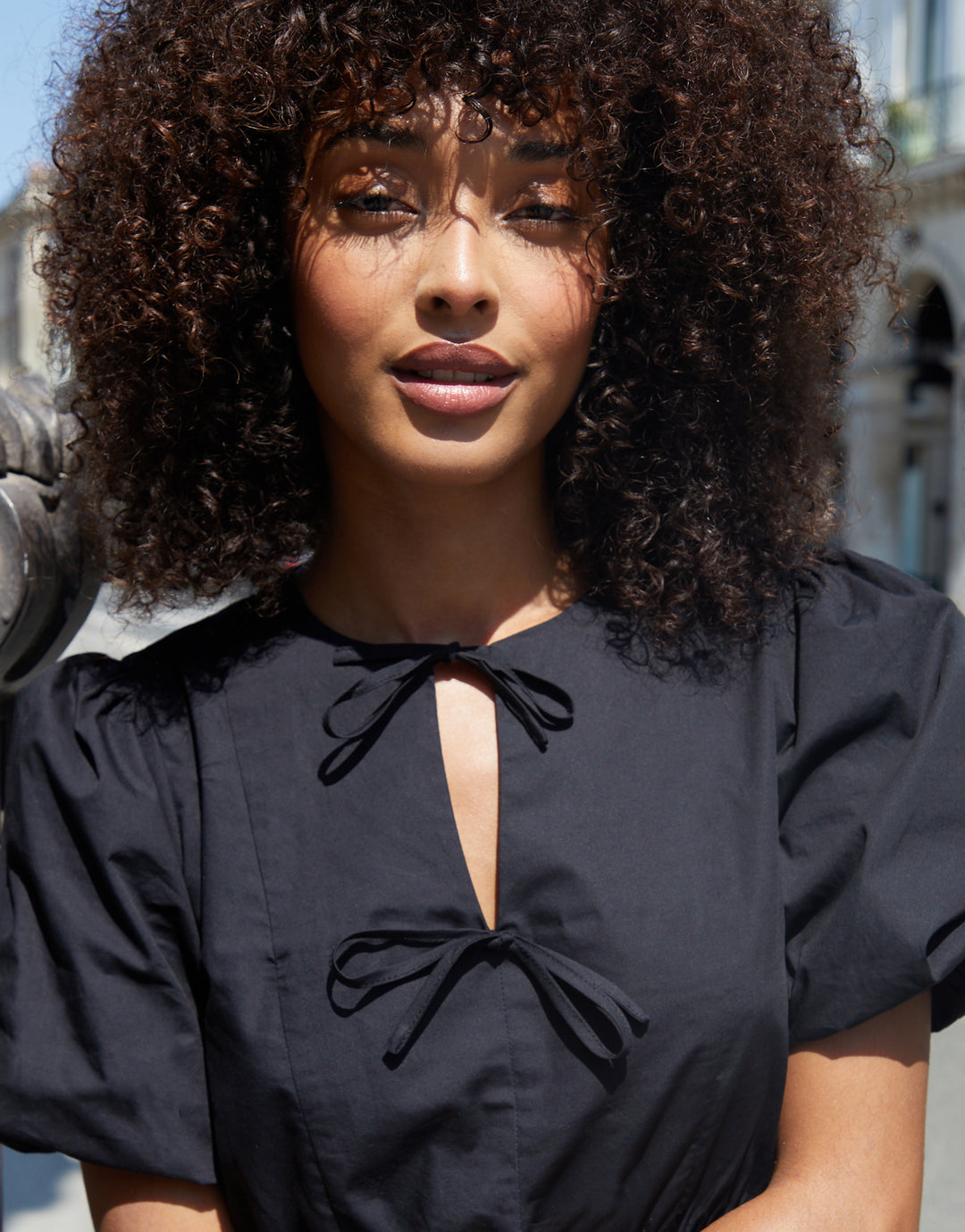 Black Puff Sleeve Tie Front Smock Mini Dress