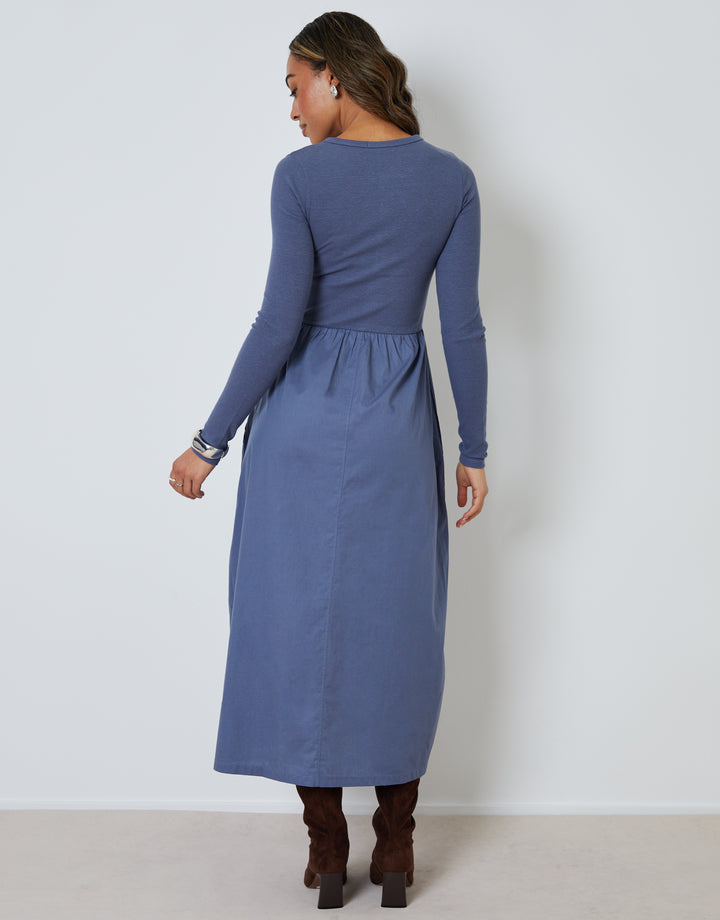 Blue 2-in-1 Jersey Poplin Mix Button Down Dress