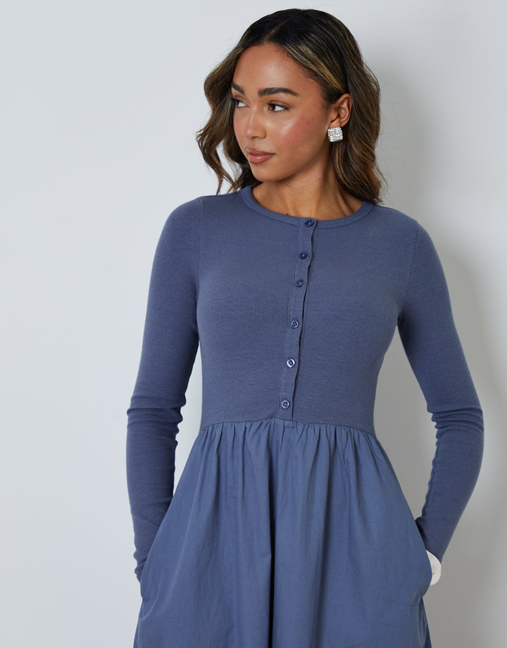 Blue 2-in-1 Jersey Poplin Mix Button Down Dress