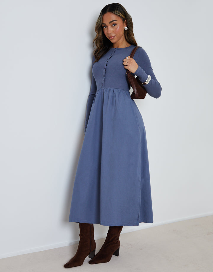 Blue 2-in-1 Jersey Poplin Mix Button Down Dress