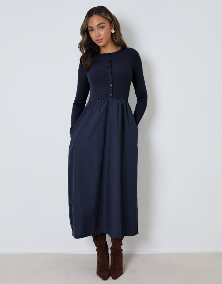 Navy 2-in-1 Jersey Poplin Mix Button Down Dress