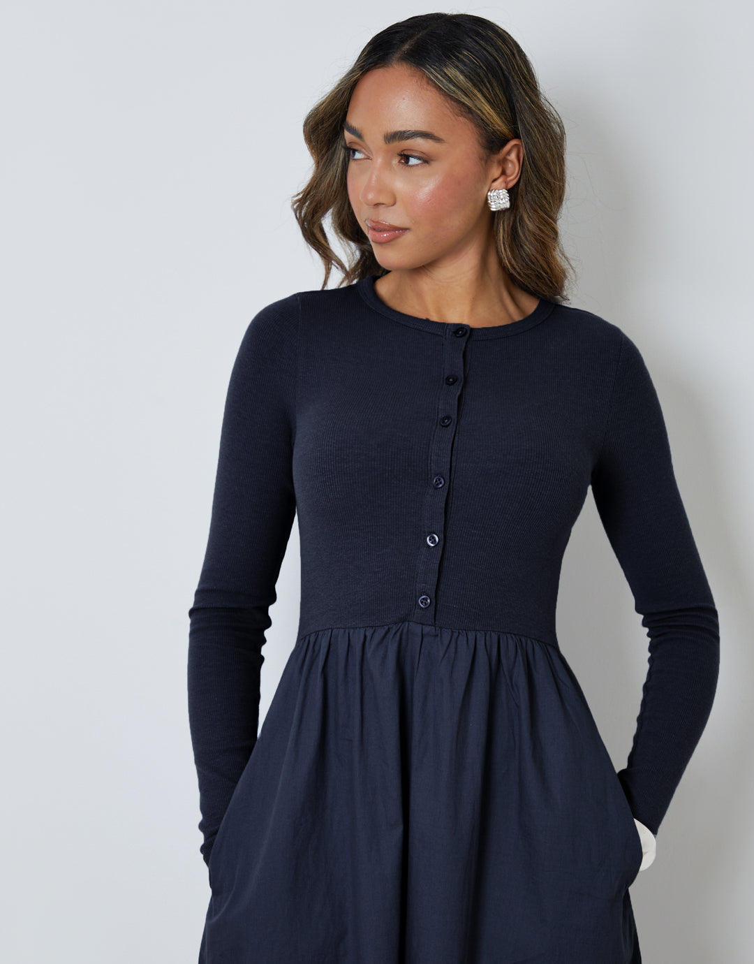 Navy 2-in-1 Jersey Poplin Mix Button Down Dress