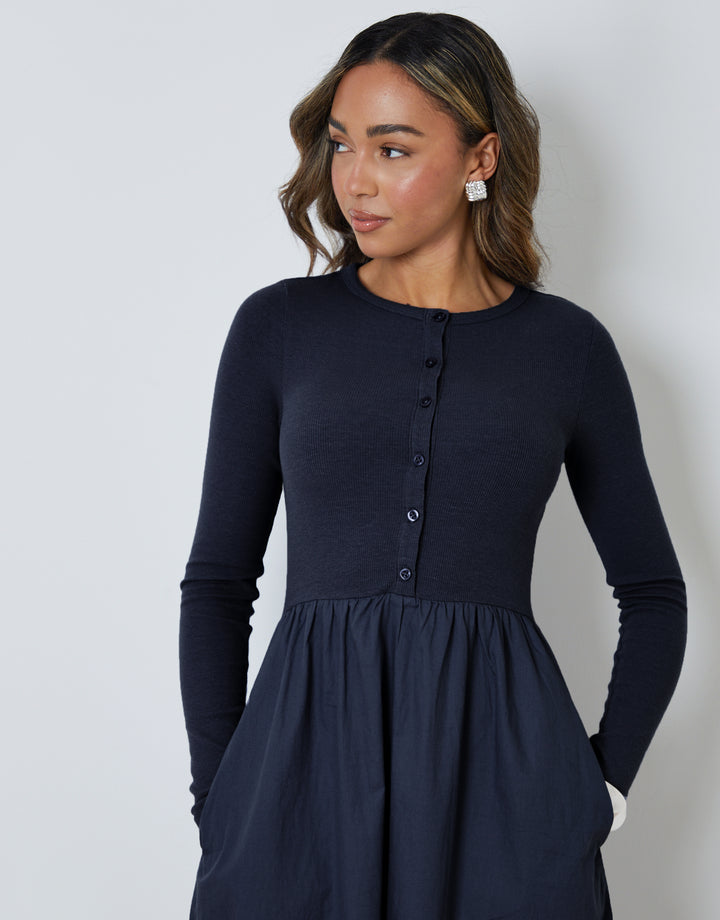 Navy 2-in-1 Jersey Poplin Mix Button Down Dress