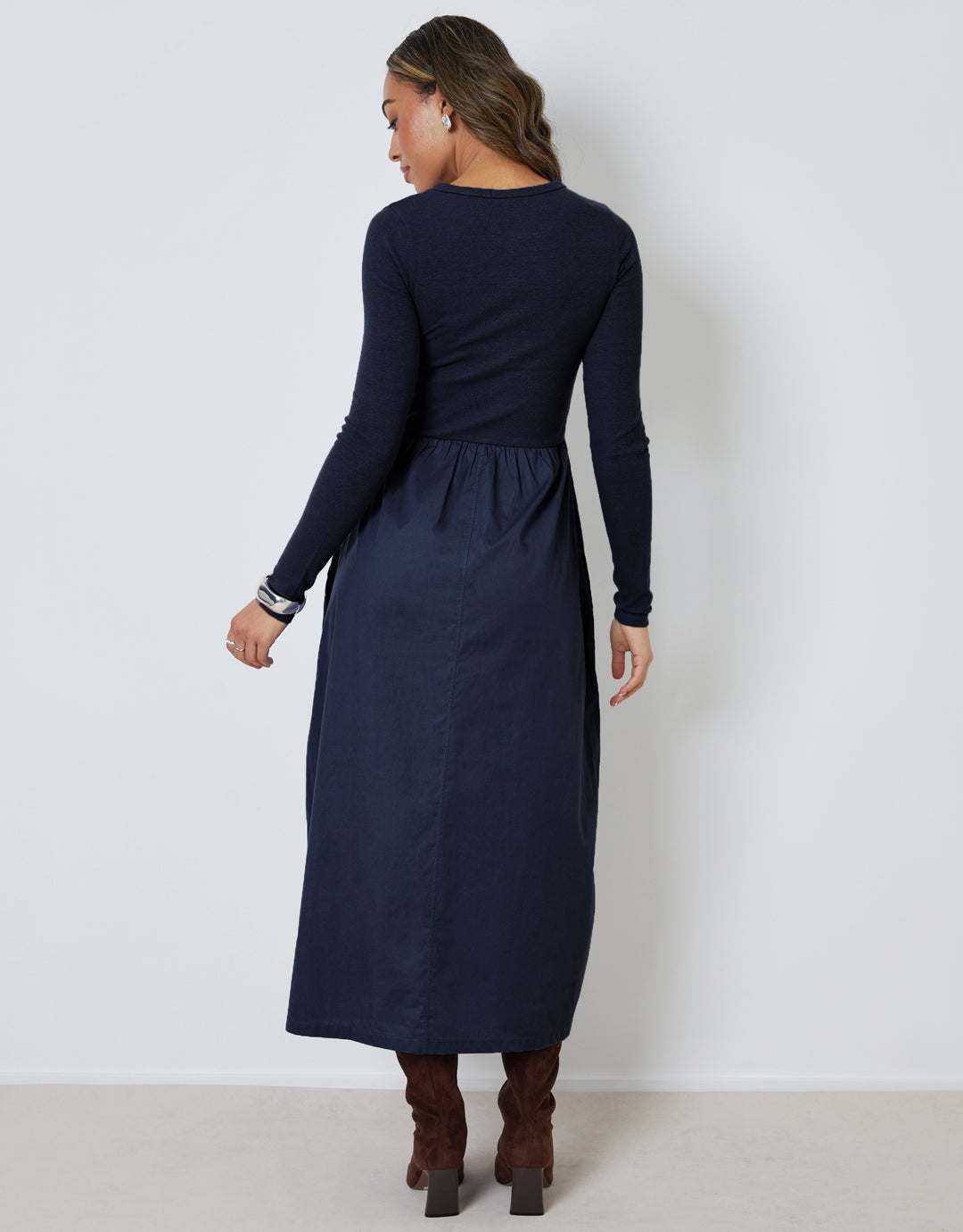 Navy 2-in-1 Jersey Poplin Mix Button Down Dress
