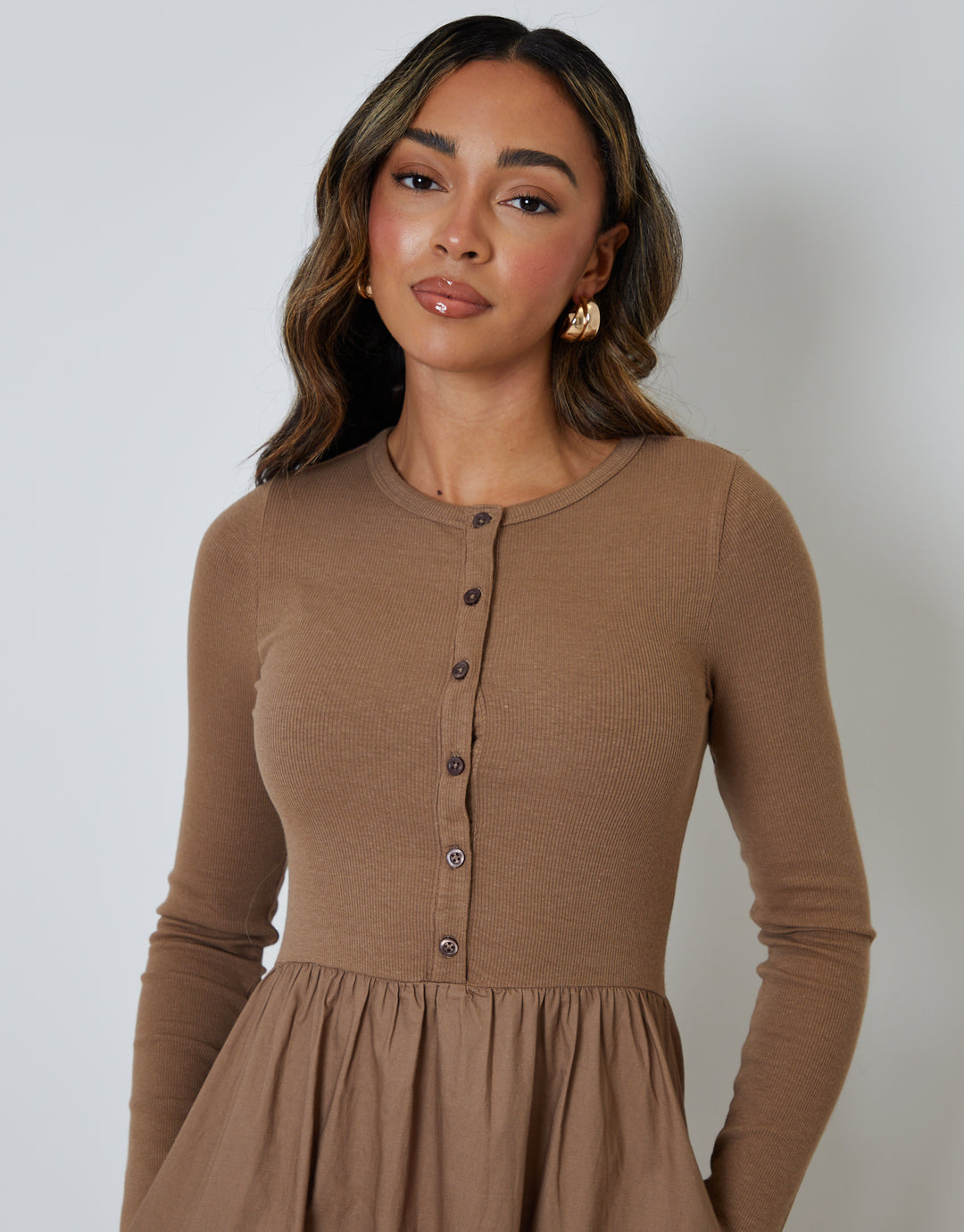 Taupe 2-in-1 Jersey Poplin Mix Button Down Dress