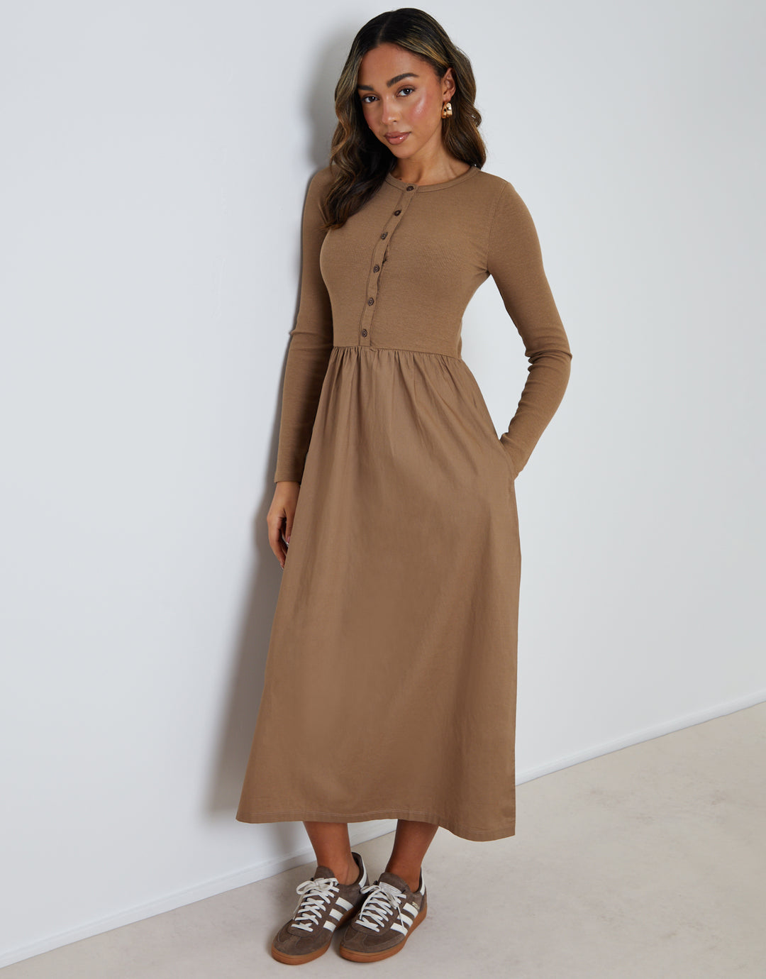 Taupe 2-in-1 Jersey Poplin Mix Button Down Dress