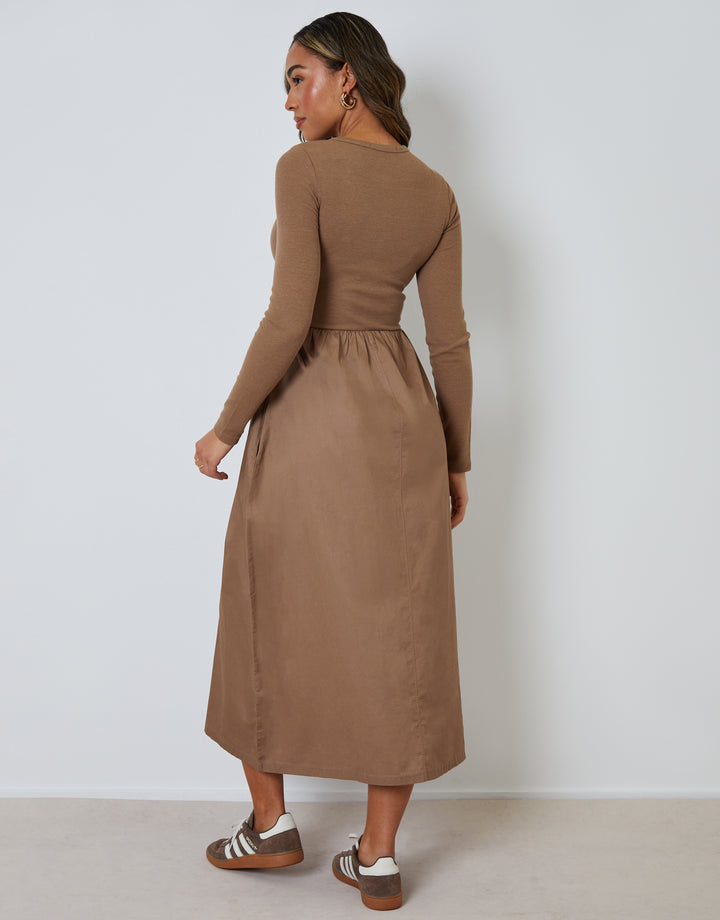 Taupe 2-in-1 Jersey Poplin Mix Button Down Dress