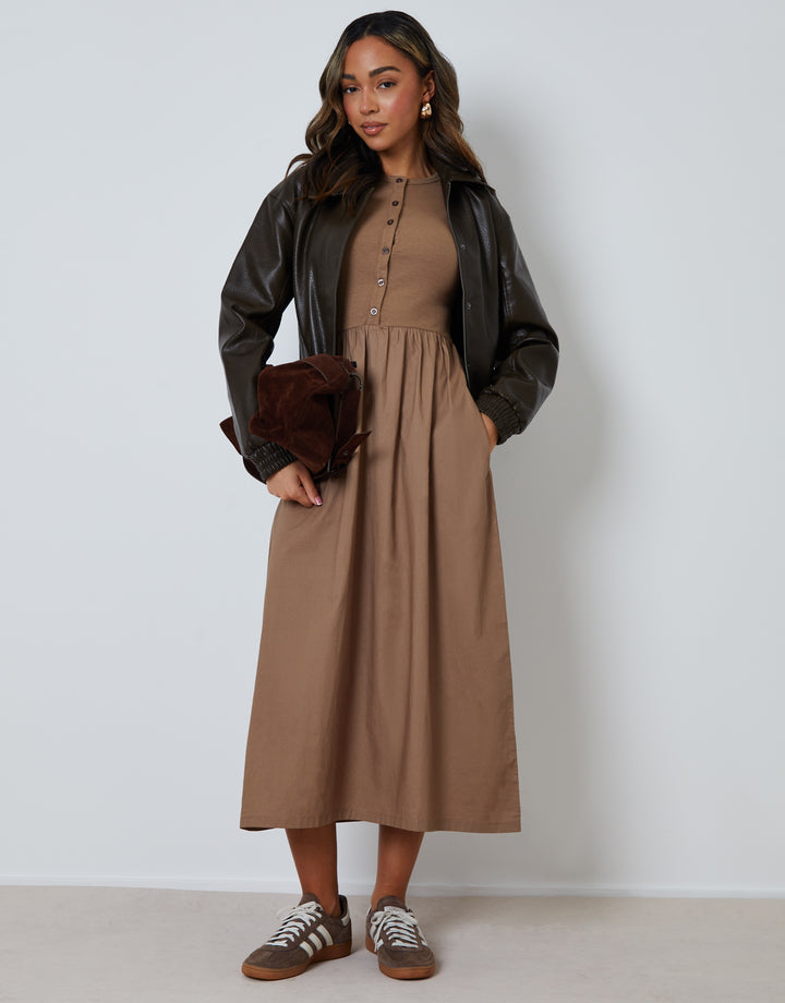 Taupe 2-in-1 Jersey Poplin Mix Button Down Dress