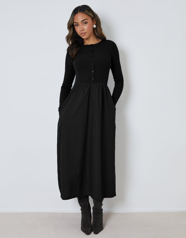 Black 2-in-1 Jersey Poplin Mix Button Down Dress
