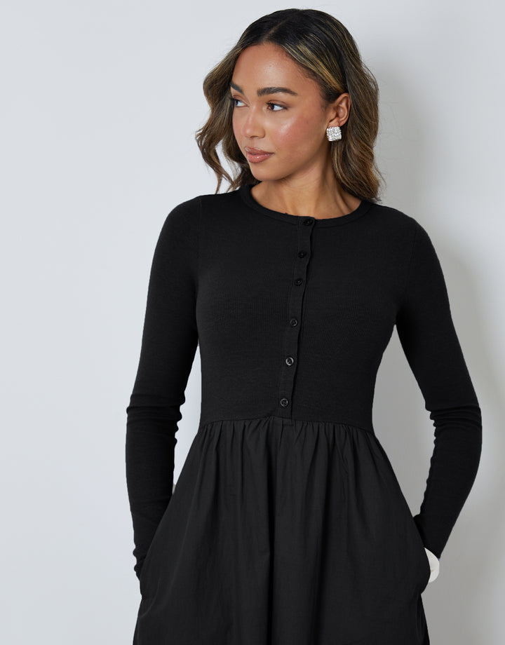 Black 2-in-1 Jersey Poplin Mix Button Down Dress
