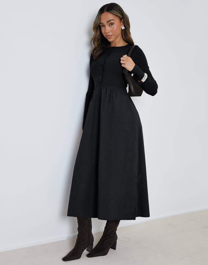 Black 2-in-1 Jersey Poplin Mix Button Down Dress