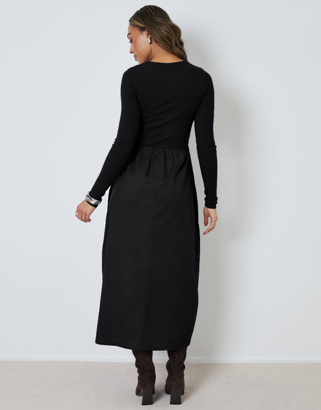Black 2-in-1 Jersey Poplin Mix Button Down Dress