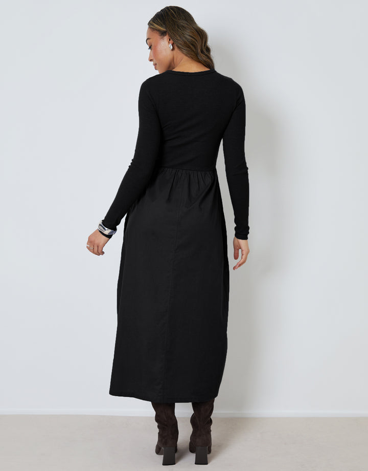 Black 2-in-1 Jersey Poplin Mix Button Down Dress