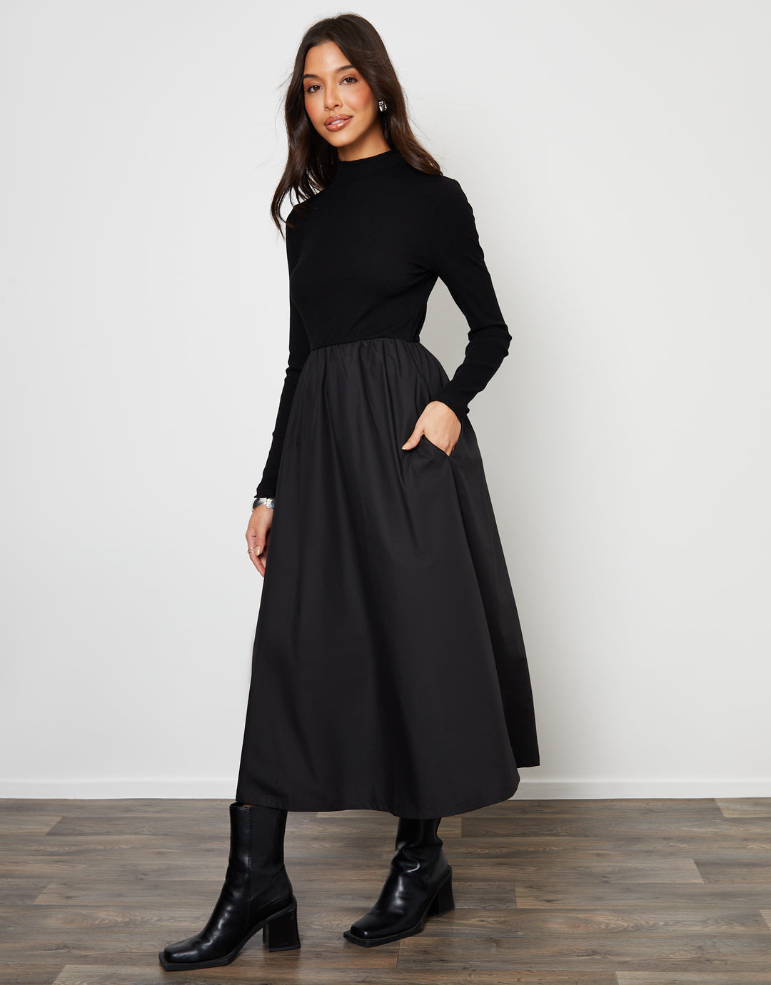 High Neck 2-in-1 Jersey Poplin Mix Midi Dress in Black High Neck 2-in-1 Jersey Poplin Mix Midi Dress in Black