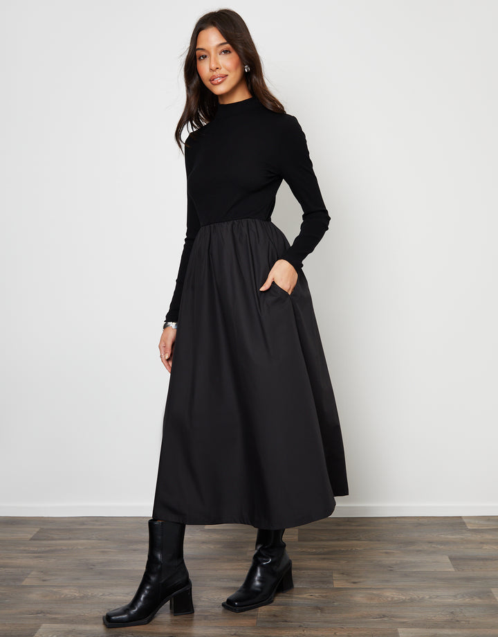 Black High Neck 2-in-1 Jersey Poplin Mix Mini Dress