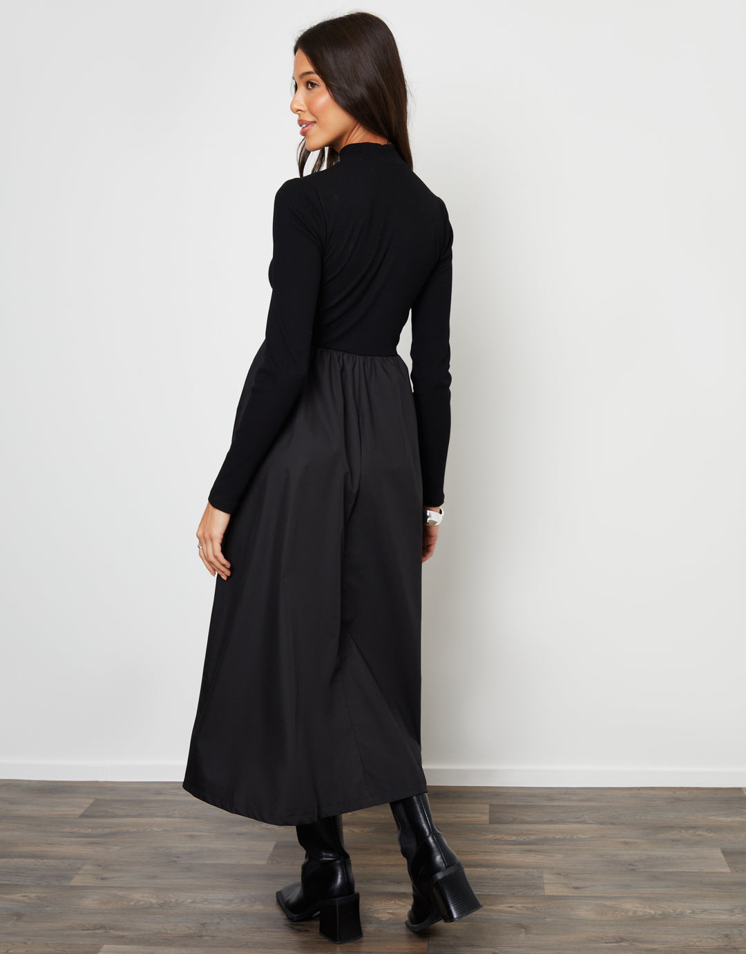 Black High Neck 2-in-1 Jersey Poplin Mix Mini Dress