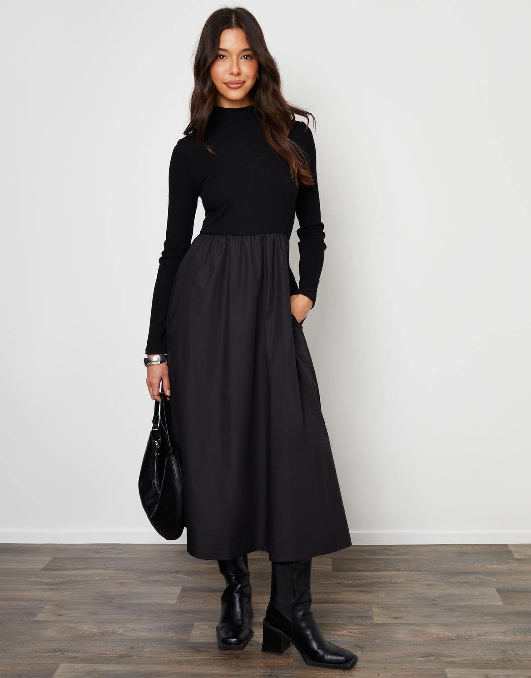 Threadbare Women's Black High Neck 2-in-1 Jersey Poplin Mix Midi Dress Threadbare Women's Black High Neck 2-in-1 Jersey Poplin Mix Midi Dress