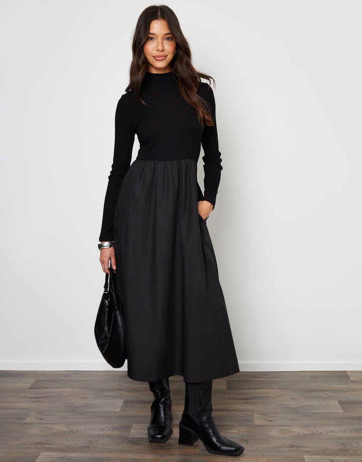 Black High Neck 2-in-1 Jersey Poplin Mix Mini Dress