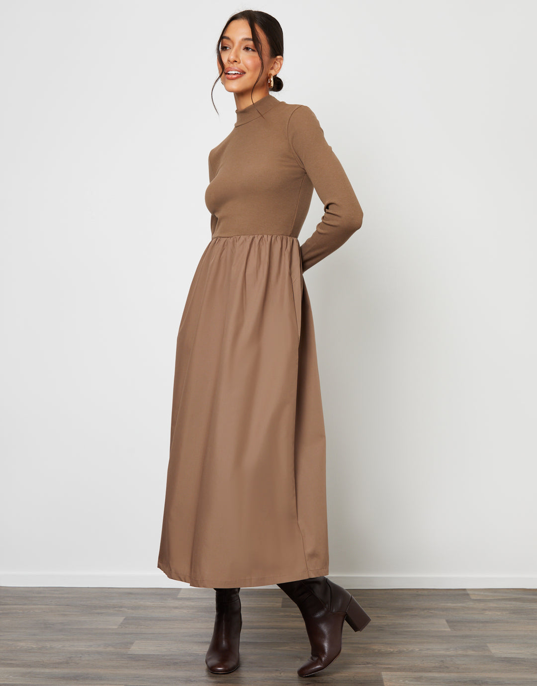 Threadbare Women's Taupe High Neck 2-in-1 Jersey Poplin Mix Midi Dress Threadbare Women's Taupe High Neck 2-in-1 Jersey Poplin Mix Midi Dress